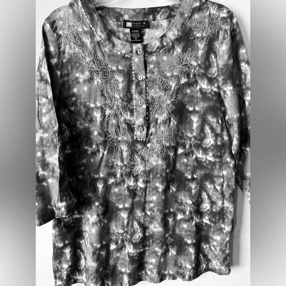 Carole Little Tie Dye Blouse in shades of Gray with Embroidery and Sequins